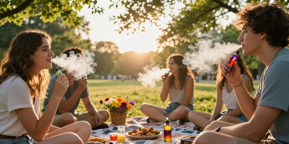 A group enjoying thc vapes together in a sunlit park, showcasing vibrant vape pens and a relaxed atmosphere.