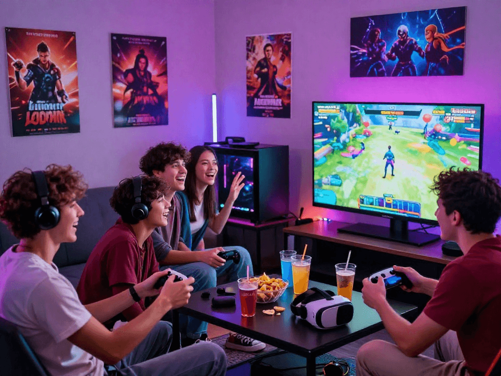Friends playing exciting porngames in a vibrant gaming lounge filled with snacks and laughter.