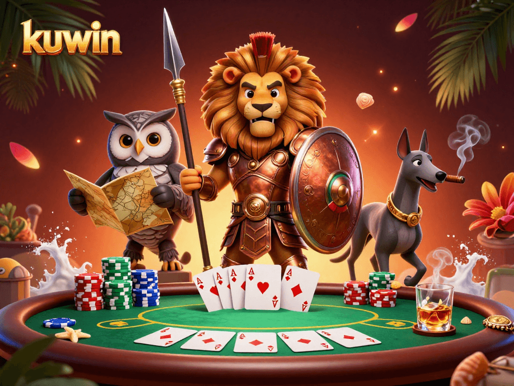 Engage with kuwin's thrilling poker face-off featuring a Spartan lion, tactical owl, and swift greyhound amid vibrant casino elements.