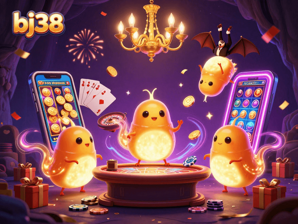 Experience the thrilling glow of bj38's unique cave casino, where vibrant characters illuminate the gameplay.