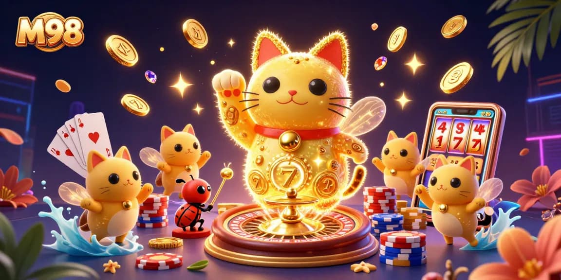 M98 captures the excitement of winning with a lucky cat, vibrant casino symbols, and dazzling graphics.