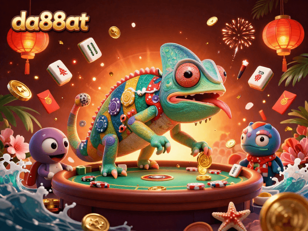 Experience thrilling gameplay at da88at with a vibrant chameleon casino owner amidst dynamic casino elements.