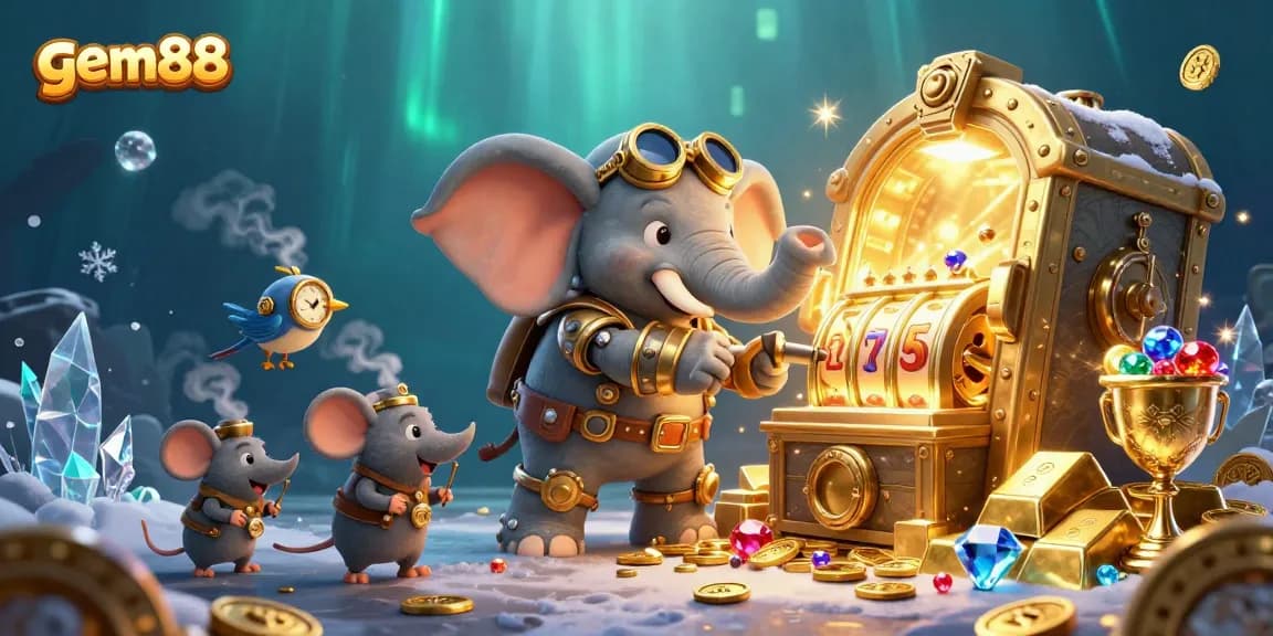 Experience gem88's thrilling gameplay in a bustling casino environment with vibrant characters.