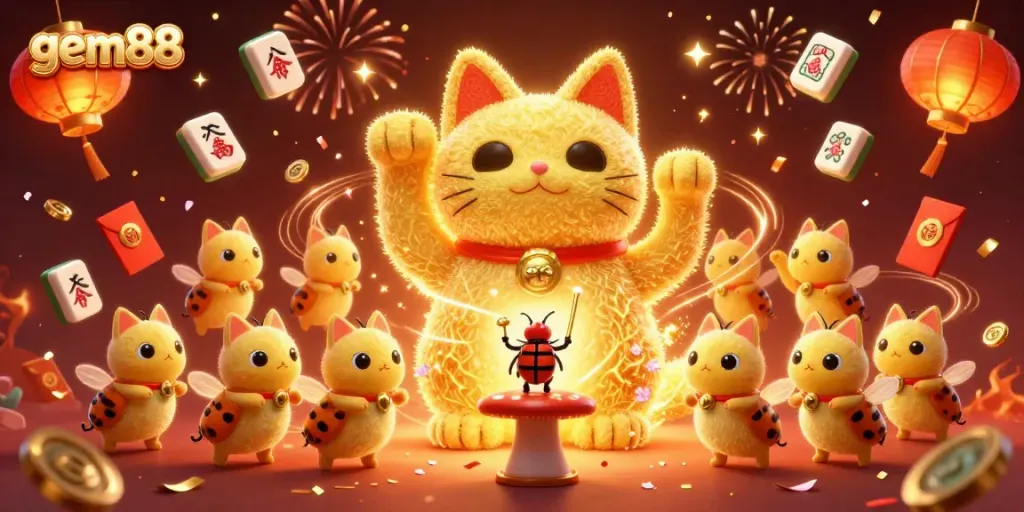Win big with exciting gem88 casino games featuring vibrant lucky cat and celebration elements.