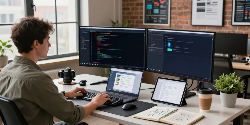 Submit software article in a modern collaborative workspace, showcasing a developer coding at dual monitors and a laptop.