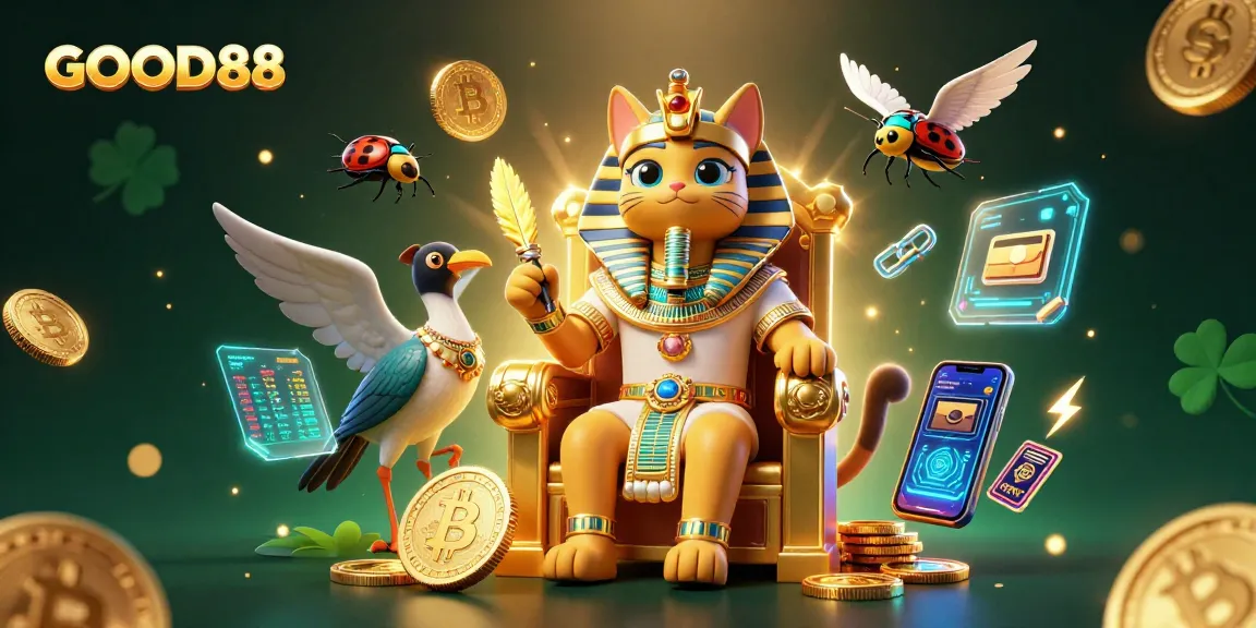 Engage in thrilling gameplay with GOOD88 featuring a pharaoh cat and floating crypto coins.