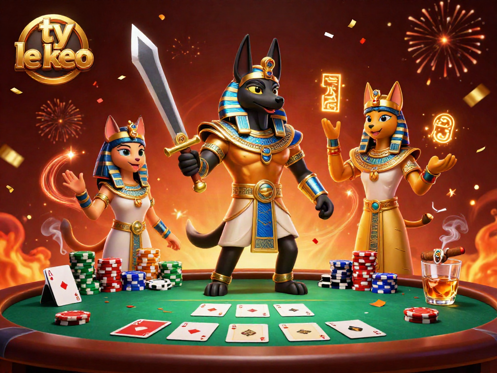 Engage with "ty le keo" in this vibrant poker scene featuring Anubis and Bastet amidst colorful chips.