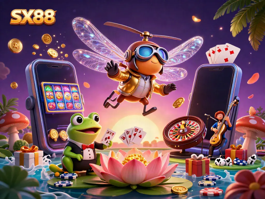Experience high-stakes fun at SX88 with lively casino action featuring a unique dragonfly pilot and frog dealer.