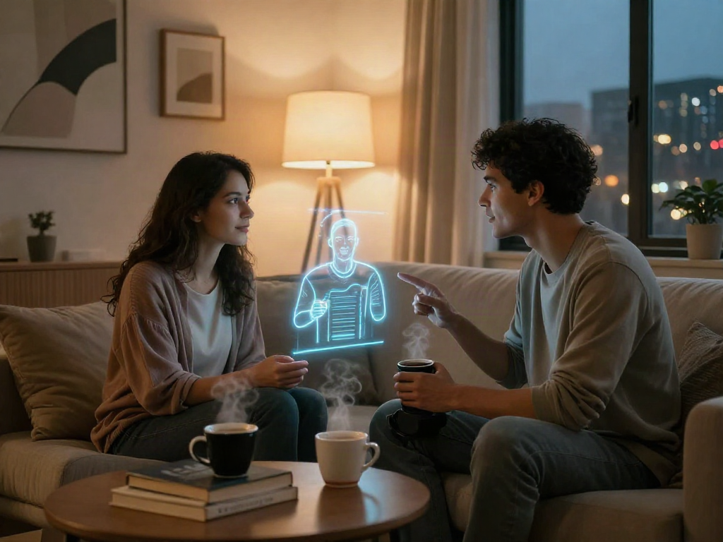 AI sex relationship scene showcasing a couple interacting with a virtual AI companion in a cozy home environment