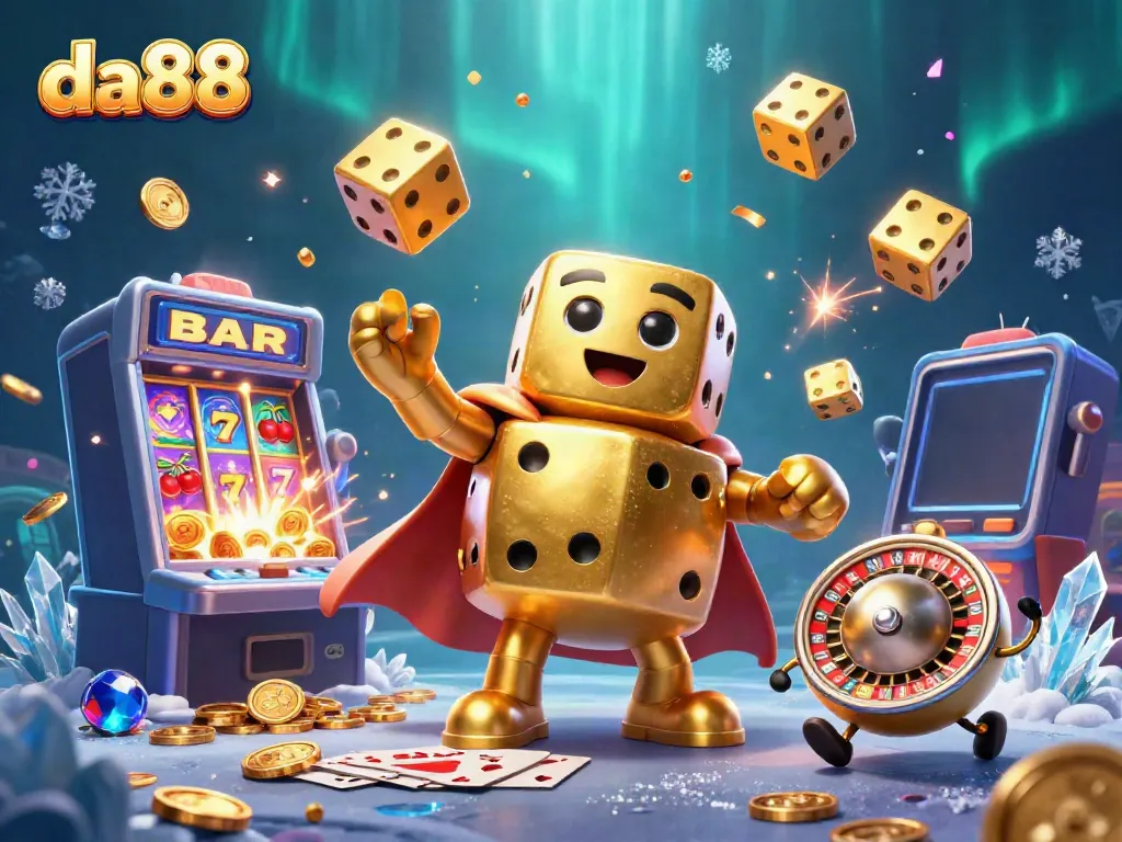 Win big with da88 in this vibrant 3D casino illustration featuring golden dice and slot machines.