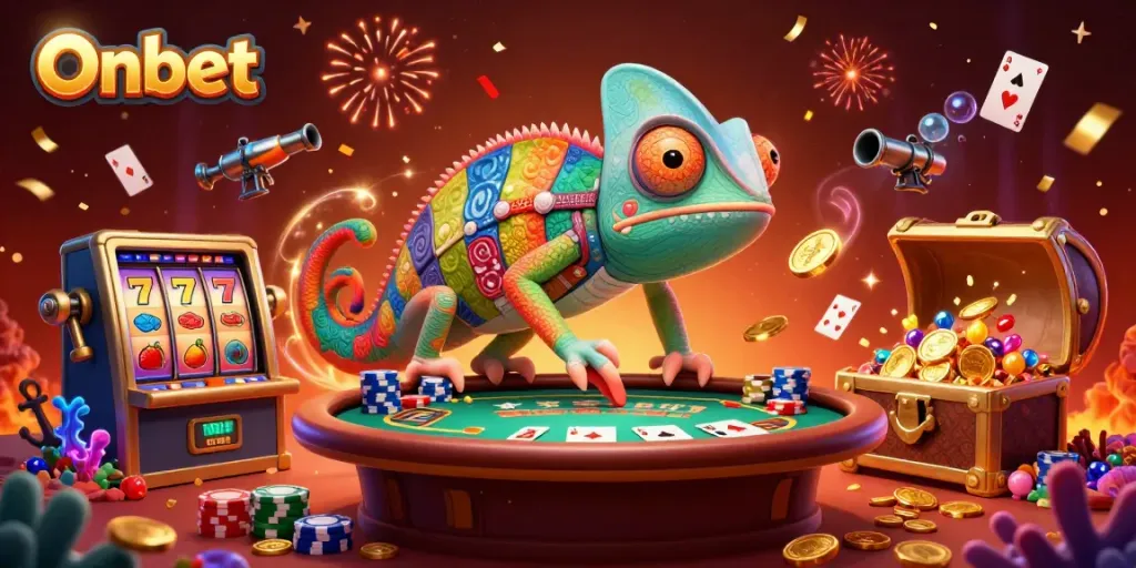 Engage with Onbet's vibrant chameleon casino owner showcasing dynamic gaming elements and exciting visuals.