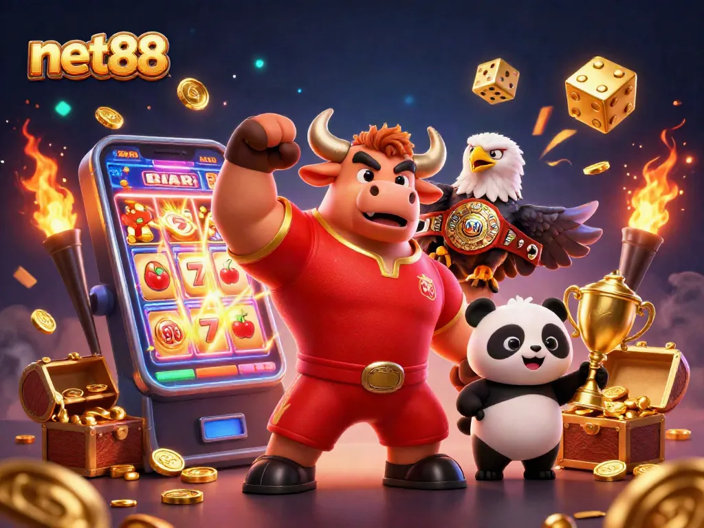 Experience the excitement of net88 with animated casino characters celebrating big wins amidst vibrant gaming elements.