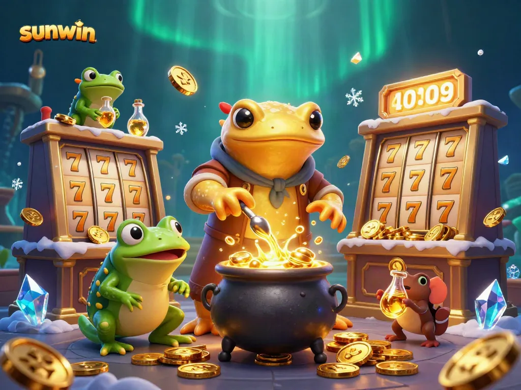 Experience the thrilling excitement of sunwin's gaming world with charming characters amidst spinning slots and gold coins.