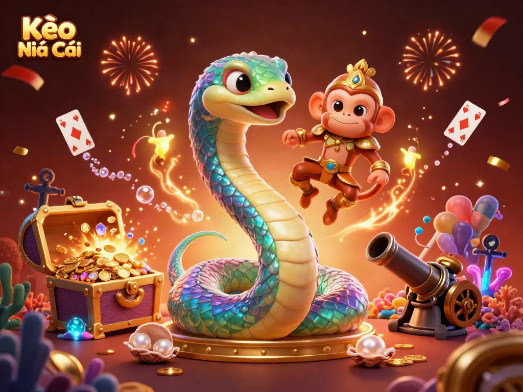 Engage with Kèo Nhà Cái gaming action in a vibrant, fantasy-themed illustration featuring a golden monkey king.