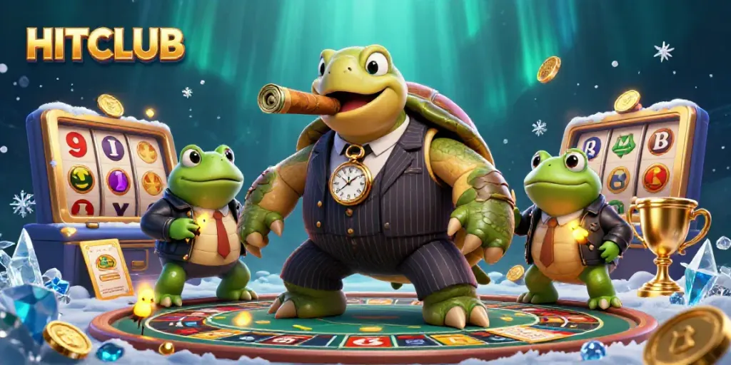 Experience HITCLUB's dynamic casino game atmosphere with cartoon characters and slot reels.