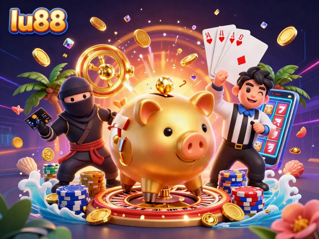 lu88's animated gaming battle scene with a golden piggy bank and exciting casino elements.
