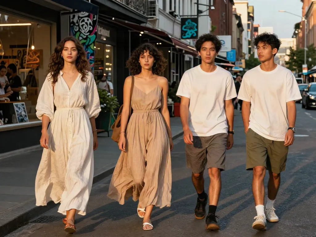 Fashionable models in urban setting showcasing quality materials like cotton and linen for rokok 88 apparel.