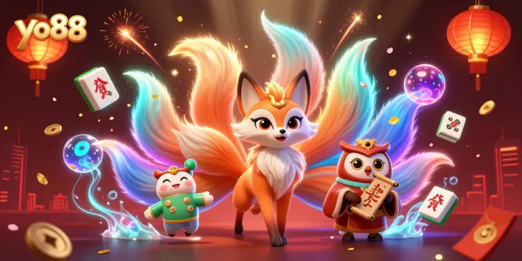 Experience the excitement of yo88 with a vibrant, magical scene featuring a nine-tailed fox and glowing casino elements.