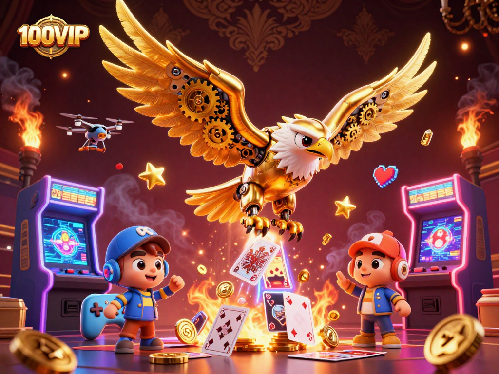 Get ready to play 100VIP with a thrilling 3D illustration of a cybernetic eagle amidst holographic game elements.