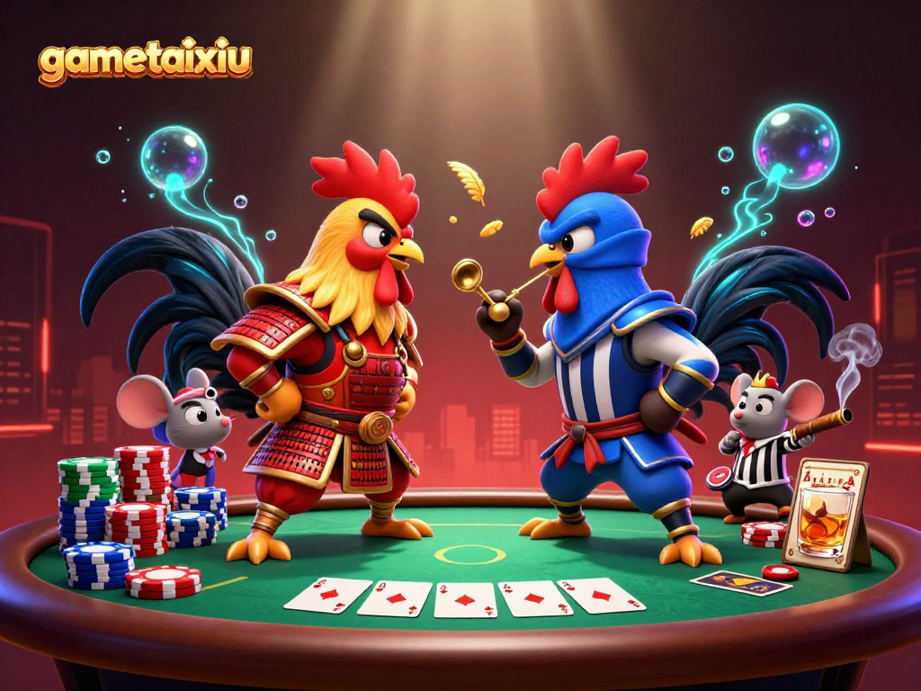 Experience gametaixiu with exciting twin roosters and vibrant poker elements in this dynamic game illustration.