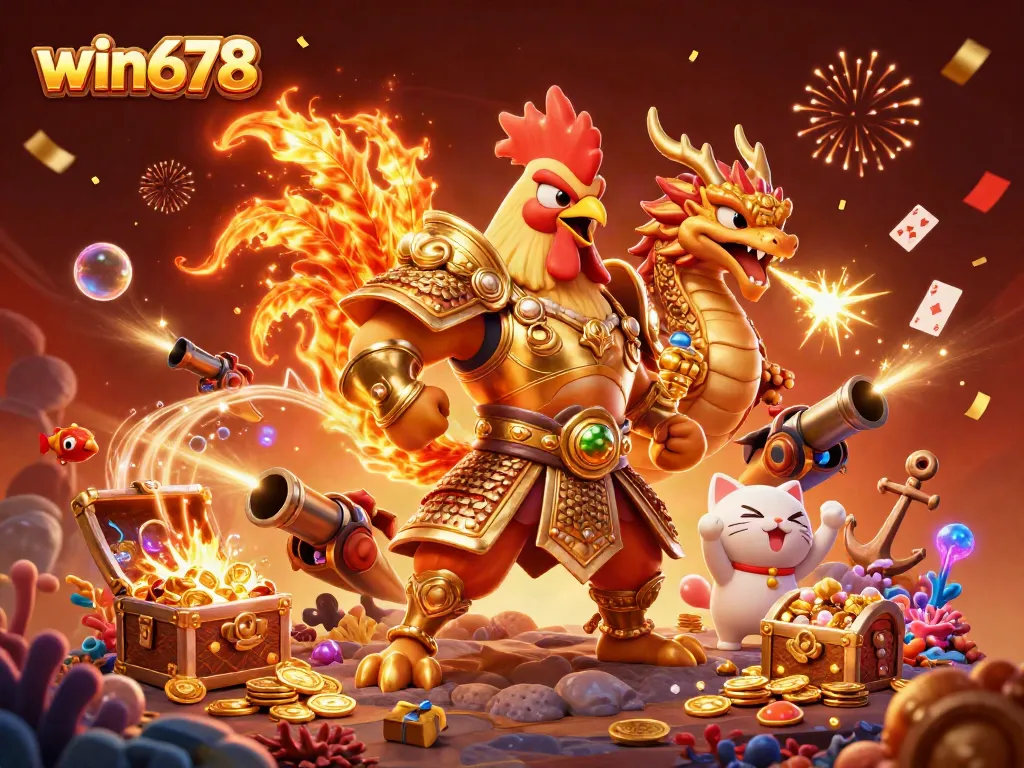 Win678's exciting 3D illustration of a samurai rooster and dragon hatchling amid casino elements.