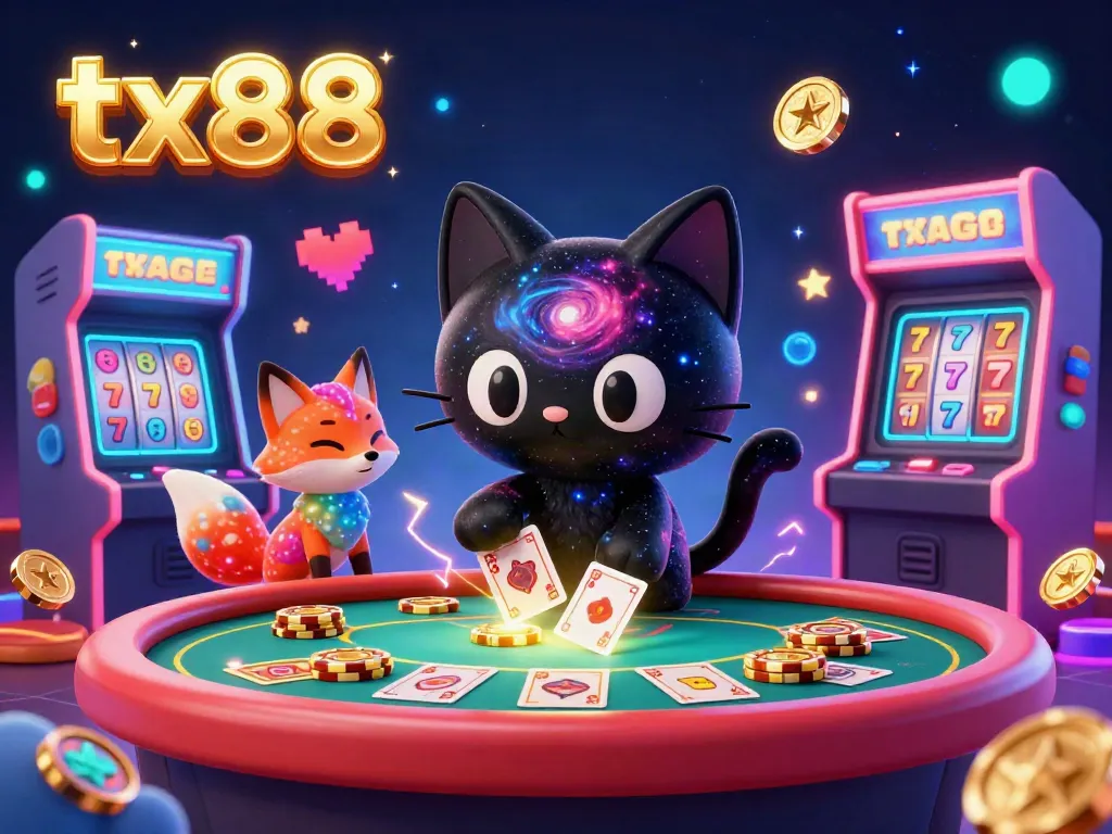 Engage at tx88 casino with a cosmic 3D black hole cat and nebula fox surrounded by vibrant gaming elements.