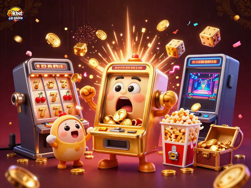 Experience the thrilling wins of 8xbet game as a golden slot machine hits a jackpot with coins flying everywhere and playful baby machines cheering.