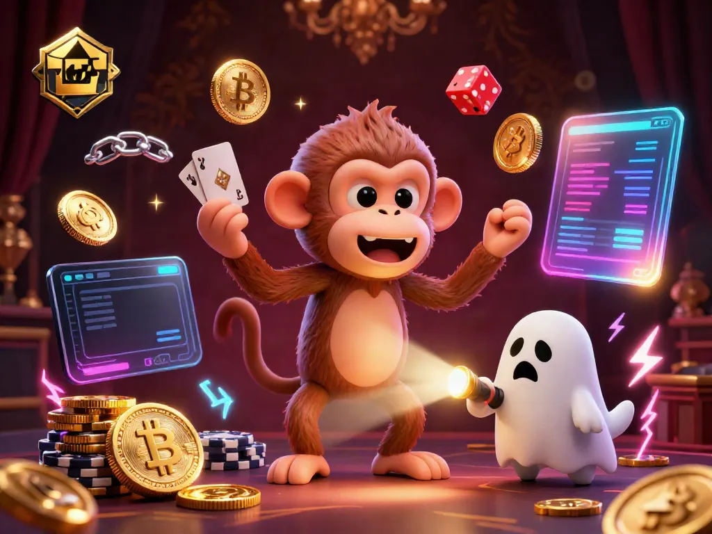 Experience the thrilling 8xbet game as a mischievous monkey juggles golden coins in a haunted casino.