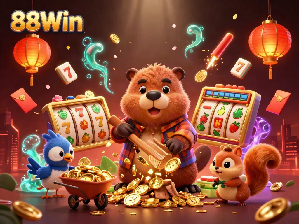 Experience the excitement of 88Win with a lively casino scene featuring a beaver, bird, and squirrel amidst golden coins and slot machines.
