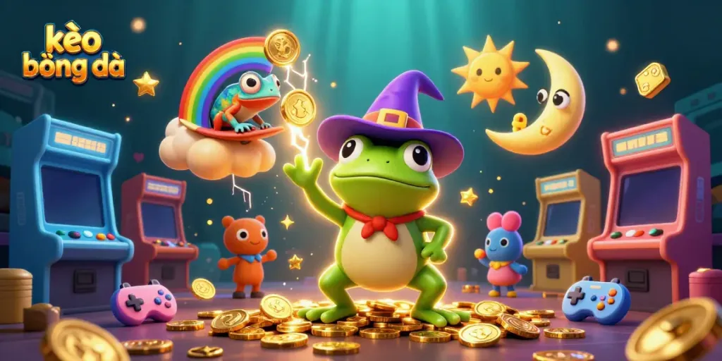Immerse in kèo bóng đá with this lively 3D cartoon scene depicting a wizard frog, chameleon, and dynamic gaming elements.