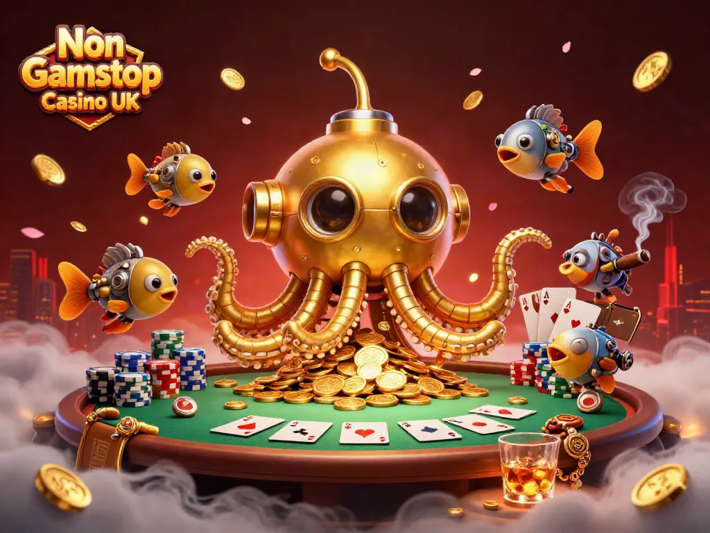 Experience thrilling play at Non Gamstop Casino UK with an illustrated scene of golden kraken submarine and poker elements.