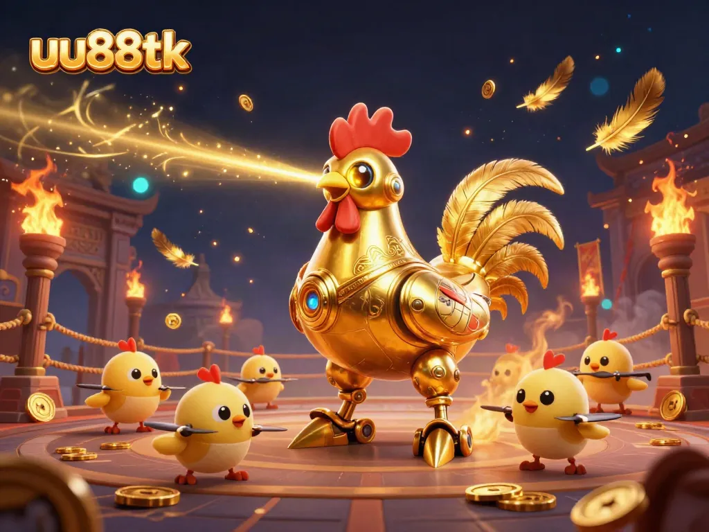 Engage in thrilling casino action with the uu88tk golden rooster robot leading baby chick drones in a vibrant gaming scene.