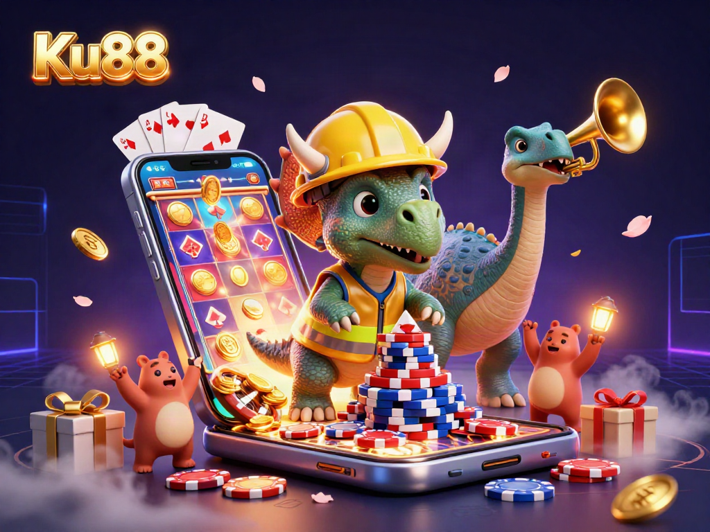 Celebrate winning moments at Ku88 with vibrant casino elements and friendly cartoon characters.