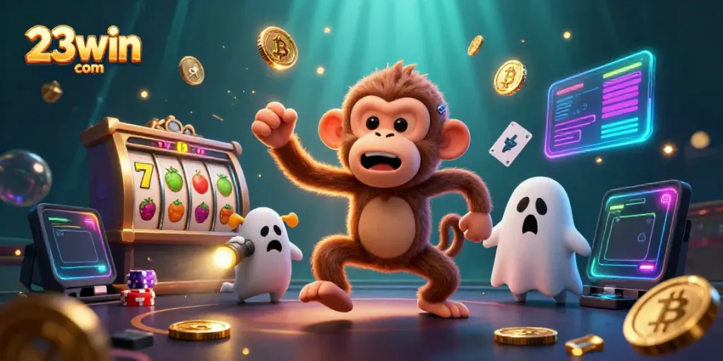 Experience thrilling gaming at 23win com in this vibrant casino illustration featuring playful characters and crypto elements.