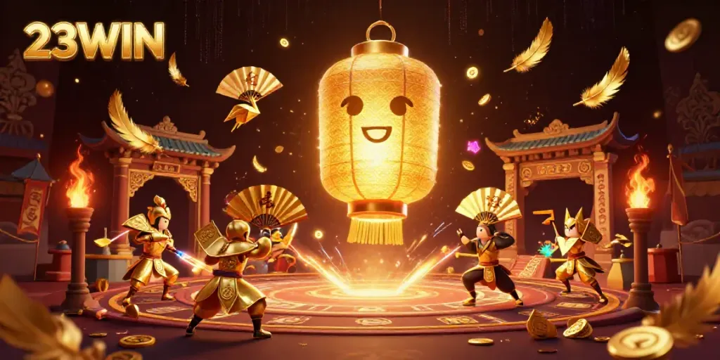 Engage with the vibrant world of 23WIN through a stunning 3D casino illustration featuring dynamic characters and golden effects.