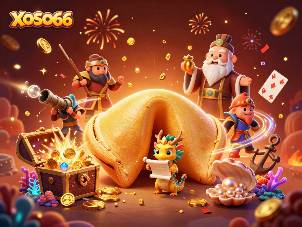 XOSO66 reveals fortunes through a dynamic gaming adventure with gold and treasures in this vibrant illustration.