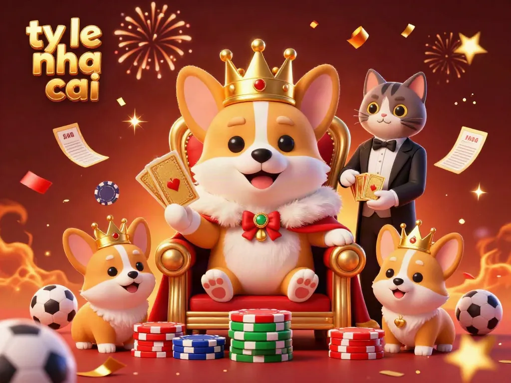 Experience the excitement of ty le nha cai with the royal corgi on its poker chip throne, flanked by a cat butler.