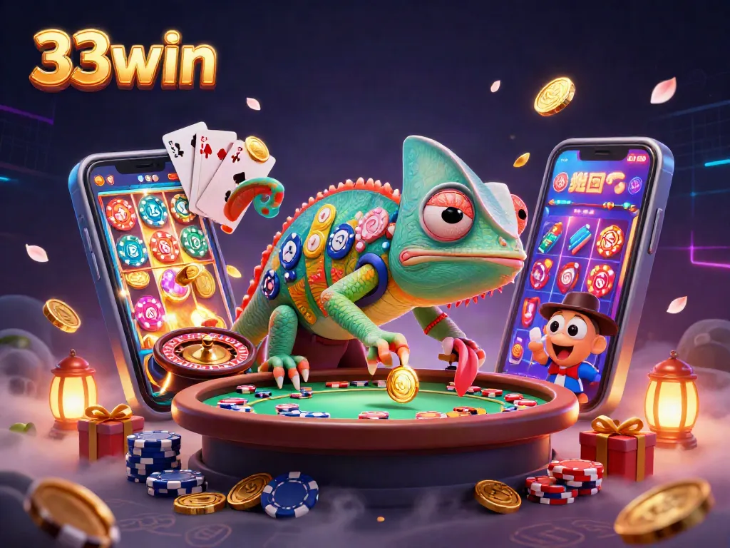 Engage with 33win's thrilling casino experience featuring a color-shifting chameleon owner amidst vibrant gaming elements.