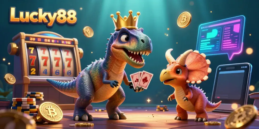 Experience thrilling gameplay with Lucky88 as animated characters shuffle cards and stack chips in a vibrant casino scene.