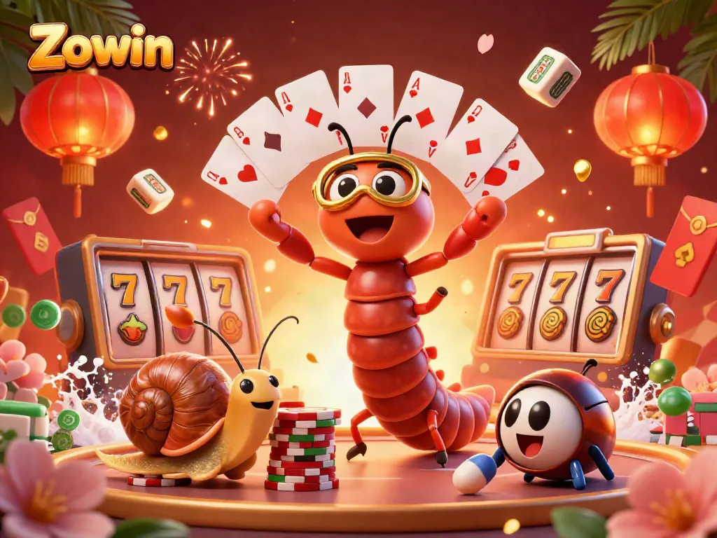 Zowin showcases a vibrant casino scene with a unique millipede dealer and playful elements in a dynamic layout.