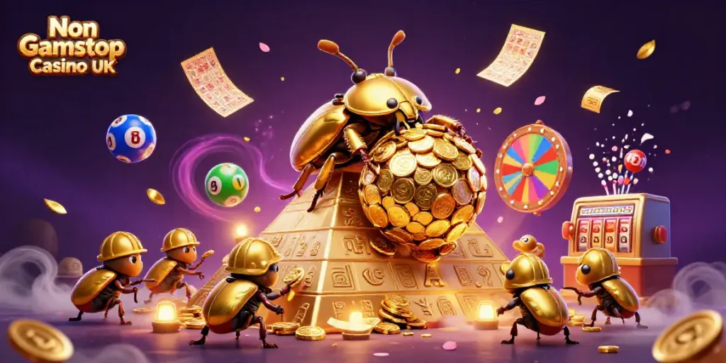 Non Gamstop Casino UK scene with golden beetles rolling coins and lottery elements