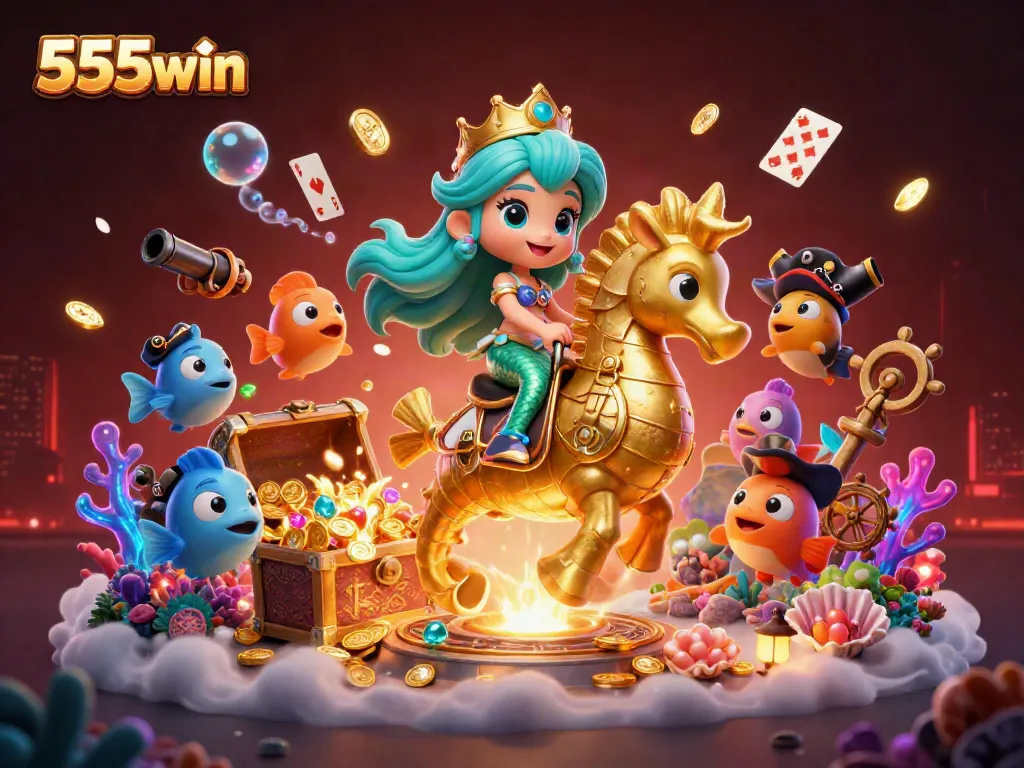 Engage in winning strategies with 555win tài as the mermaid and seahorse share golden riches.