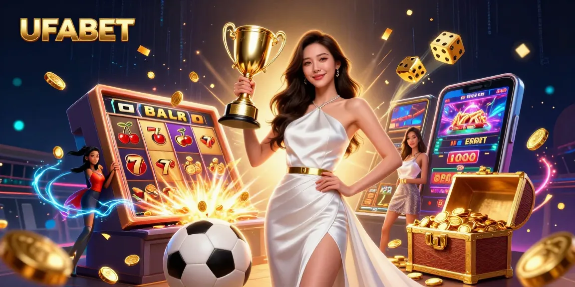 Bet on UFABET with a victorious woman holding a trophy and vibrant gaming elements around her.