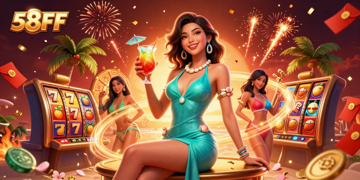 Engage with 58FF's vibrant casino atmosphere, featuring slots, cocktails, and celebratory elements.