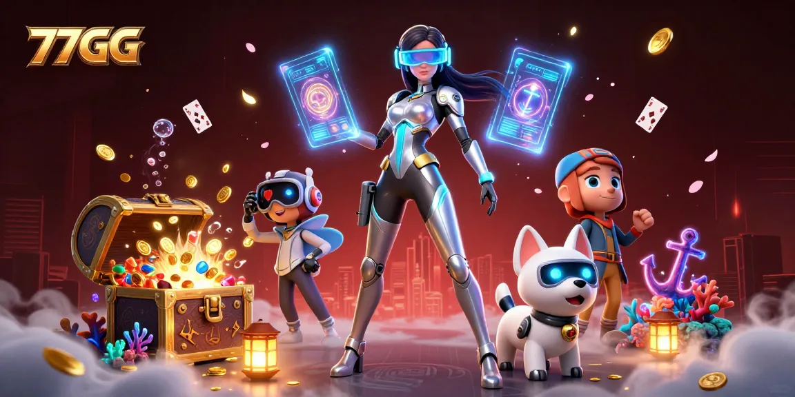 Win big with 77GG as a semi-realistic woman and a cartoon robot dog engage in a vibrant 3D casino scene.