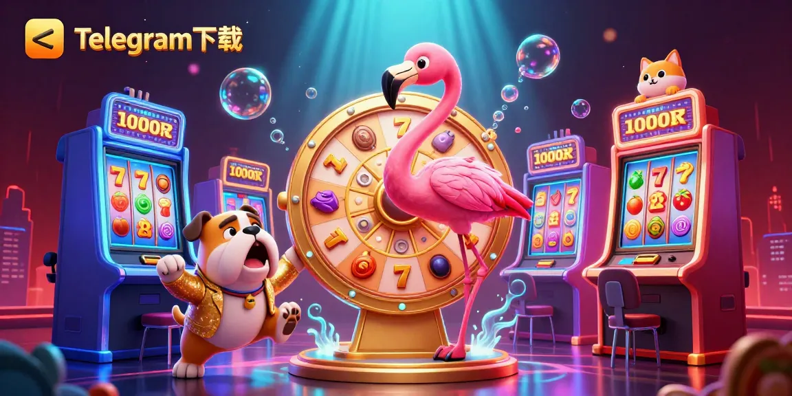 与Telegram下载互动，生动的卡通赌博场景中展示了一只火烈鸟主持人旋转奖池。