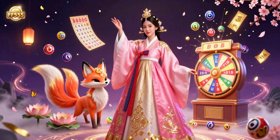 Win exciting jackpots at FF555 with a vibrant casino illustration showcasing games and characters.