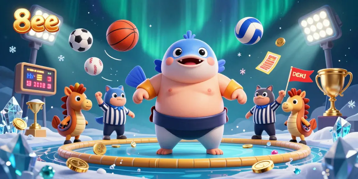 Bet and win with 8eee in a dynamic underwater casino scene featuring a fugu contestant and cheering spectators.
