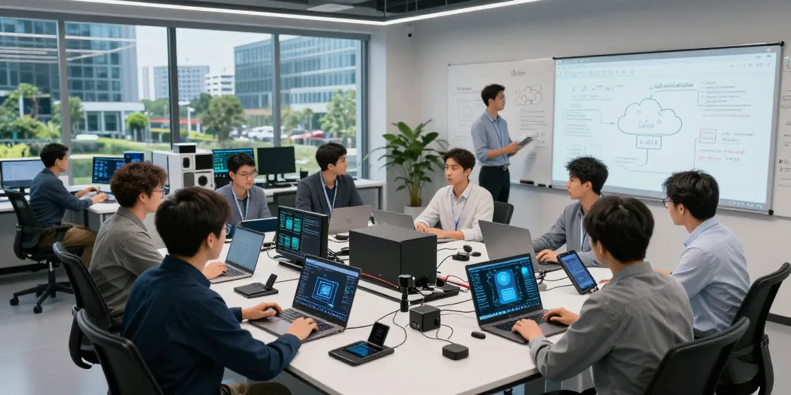 Engineers collaborate in a tech lab showcasing edge computing solutions with IoT devices and digital displays.