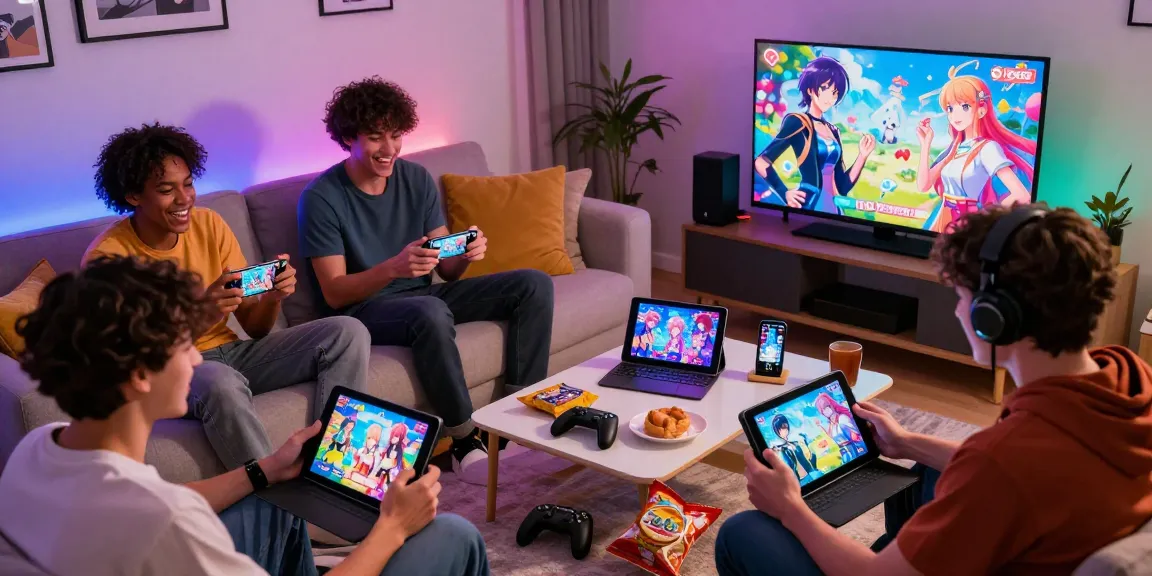 Engaged players enjoying game ecchi in a cozy gaming space with devices and vibrant décor.